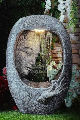 3DR Rock Carved Buddha face Shower Water Fountain for Home, Indoor Water Fountain Big Size, Water Fountain for Home vastu, Buddha Fountain 3 feet (Dark Grey)