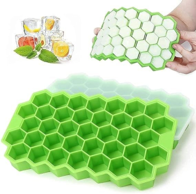 Silicone Ice Cube Molds, Flexible 37 Ice Trays BPA Free, for Whiskey Cocktail, Stackable and Safe Ice Cube Small Cubes Fridge Bar Soft Tray (Honeycomb with LID - Pack of 1)