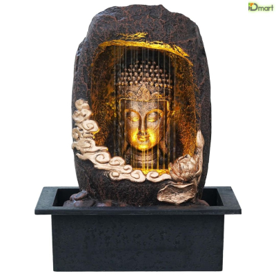 Tabletop Gold Brown Meditating Buddha Sitting in Cave Style Indoor Front Curtain Waterfall Fountain for Home Decor with LED Light).Jpg